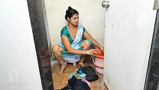 Komal was secretly shaking the land at the sight of her breasts doing the bathroom laundry.