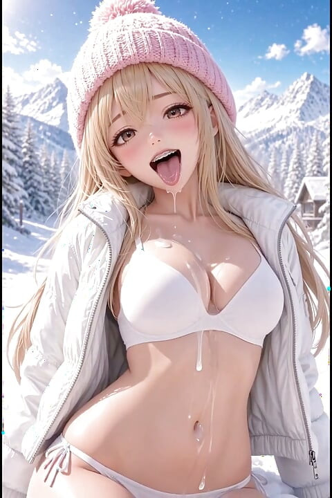 Blondă anime 3D plimbându-se prin zăpadă, chiloți din latex, pălărie drăguță
