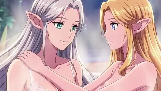 Two beautiful lesbian elves share an intimate night in a magical hot springs