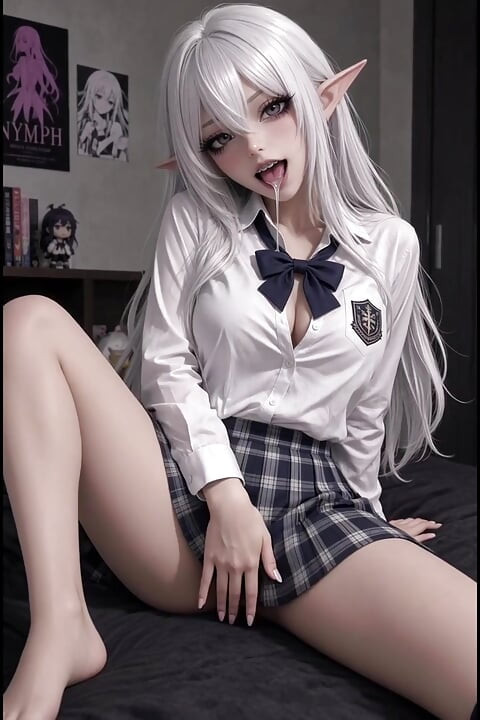 3d anime, vila, bela kosa, masturbira i jebu je, ahegao