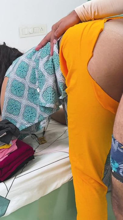 Komal was cleaning her mistress Madam's house, folding her clothes and the owner started kicking her ass from behind. | Clip 1