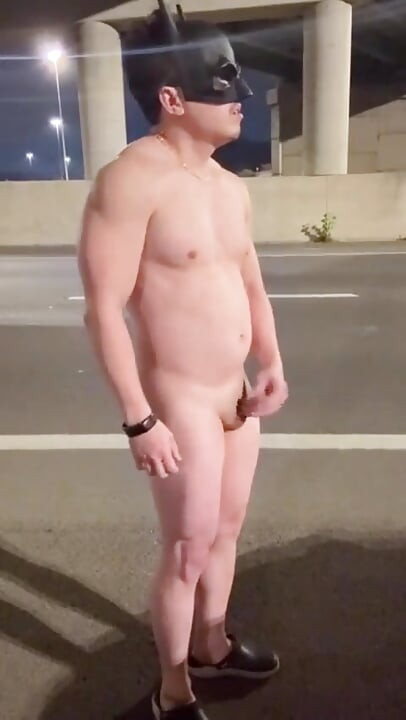 Highway Bridge Exposure: Asian Muscle Hunk Flexes Bare Naked, Dangles Dick & Jerks off for All
