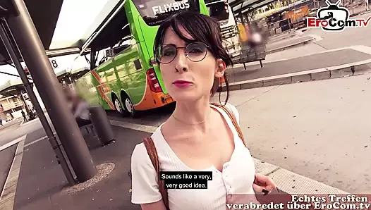 German Skinny student teen pickup at public bus station