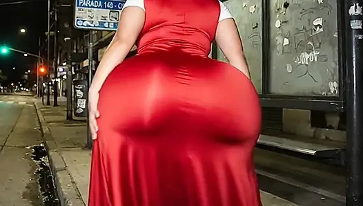 Big Ass Latina in Tight Red Party Dress Waiting for the Bus