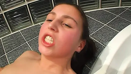 Skinny Brunette Teen Gets Rough Bathroom Fuck and Facial