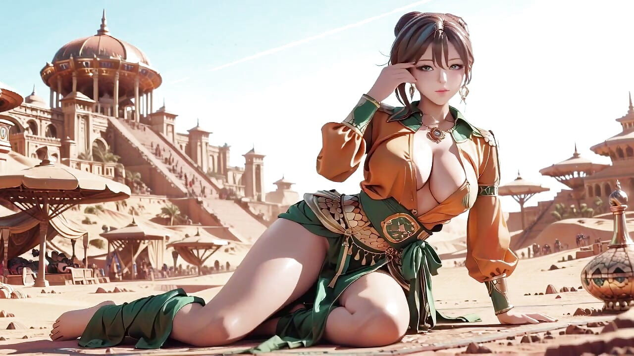 ¡Coronación de la Reina Oro Verde! Recostada perezosamente de lado en el palacio del desierto, dedos jugueteando con el cabello y el velo, piel bronceada por el sol brillando.