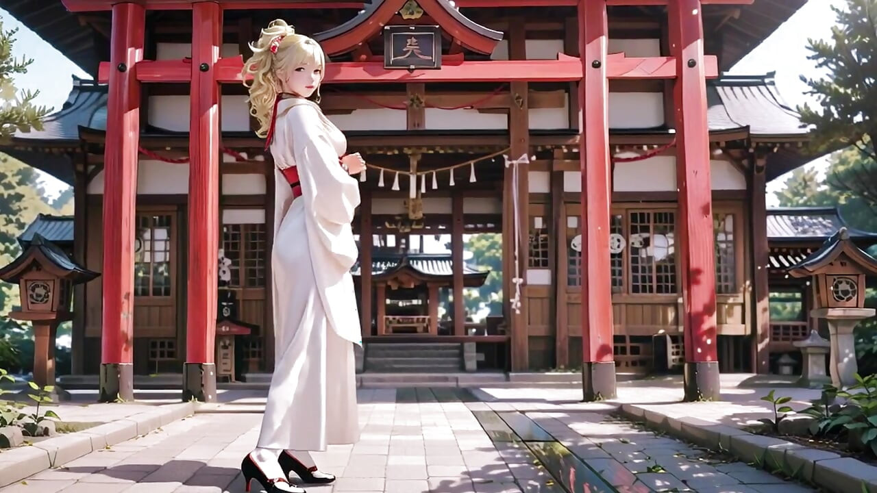 În genunchi sub poarta Torii, într-un kimono bej modificat, ea își atinge pieptul și își urmărește clavicula