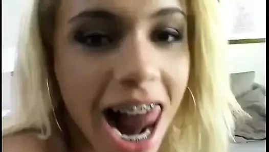 Naughty young blonde with braces enjoys taking dick in her twat and mouth