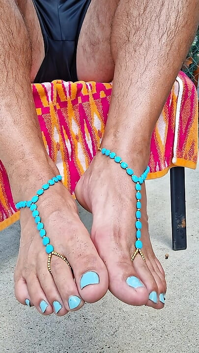 Sitting outside in the sun showing off my barefoot sandals and toes