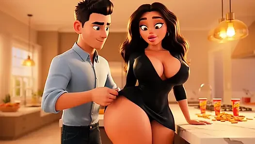 Hot Curvy Married Brazilian Wife Secretly Fucked by Young Neighbor in Kitchen Before Guests Arrive (AI generated)