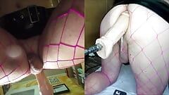 Dual View Crossdresser in shiny skirt and fishnet gets his anal pussy fucked by fucking machine, cock leaks