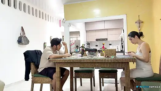 I fuck my girlfriend's daughter 18+ at the table while she doesn't see us!