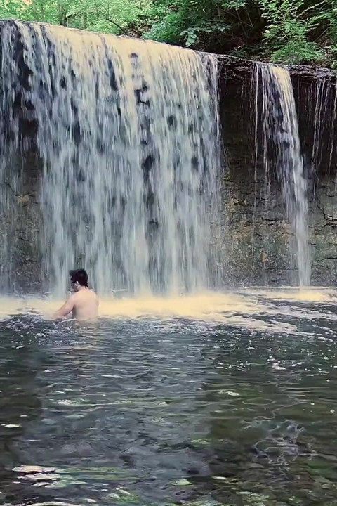 Muscular Asian Hunk Flexes in Speedo by Waterfall - Tight Ass & Hole Tease, Strips Naked & Explodes with Massive Cumshot