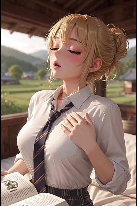 Rubia anime se masturba en la terraza