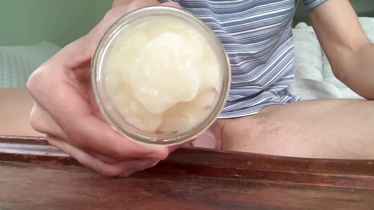 Fillingup jar with cum for wifey to swallow