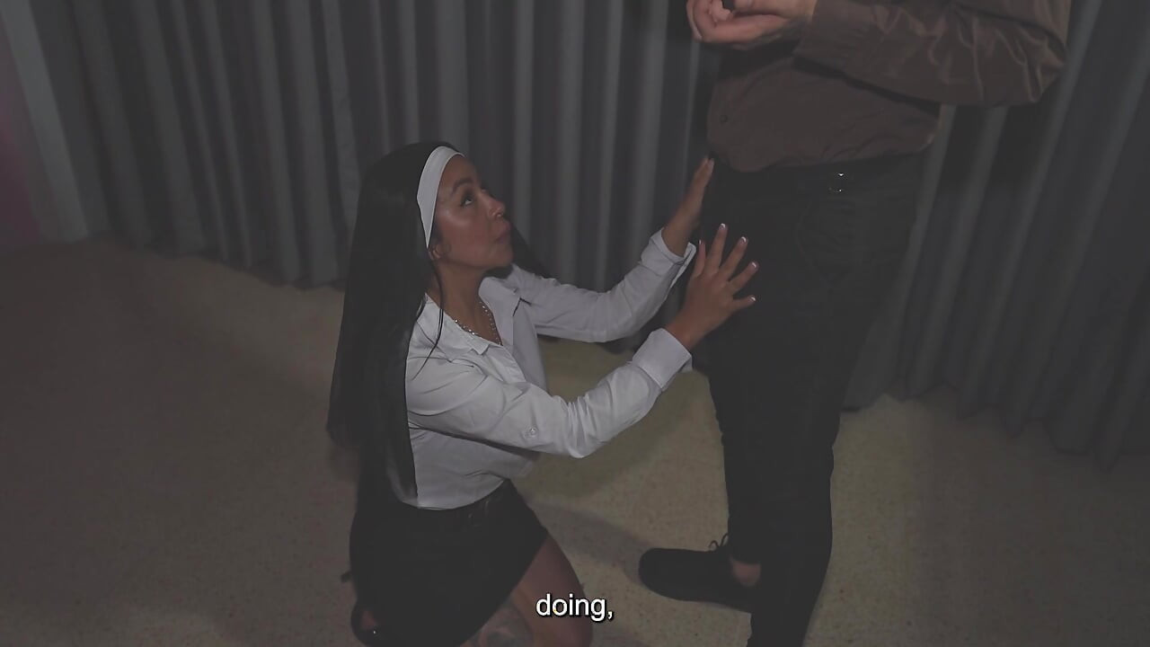A horny nun welcomes her new priest by deep-throating his thick cock until he cums!