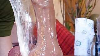 Hardcore gagging while deepthroating big dildo (slowmotion)