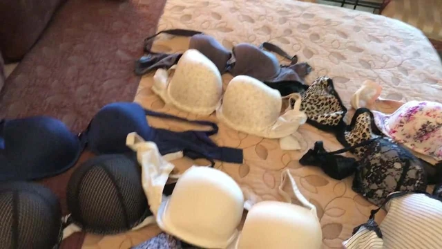 Stroking with dozen of wifes bras and some panties