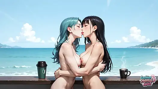 Verdammte sengende lesben mit dunklen und blauen Haaren intensiv smooch an einem weißen strand, damit es zum heißesten Gonzo wird