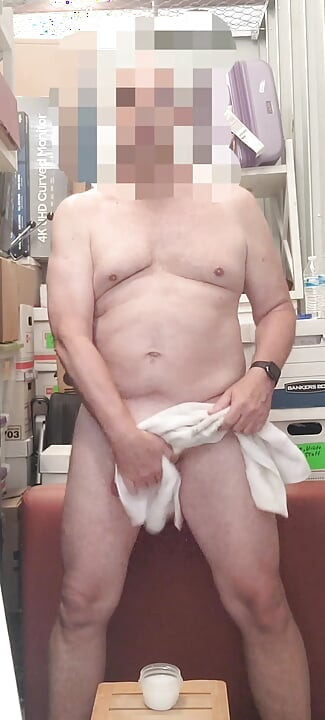 Exhibitionist masturbator stroking, cumming, and swallowing in my storage space