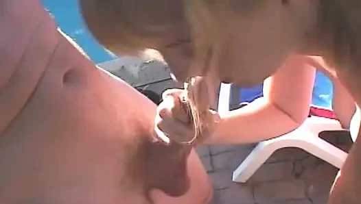 Blonde slut gets DPed by the pool