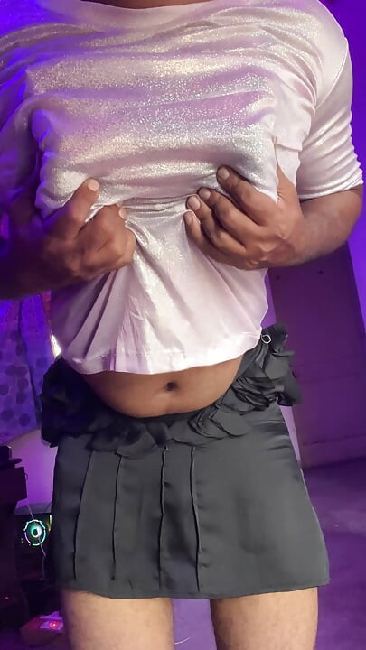 shiny pink top big boobs tight skirt indian crossdresser