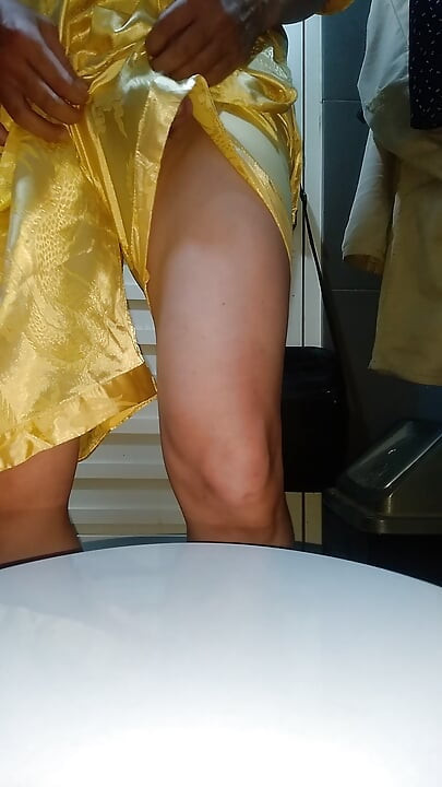 Crossdresser cum wearing satin pajamas