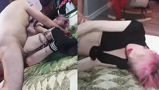 Zierliches weißes schulmädchen mit zahnspange und rosa haaren, die einen minirock tragen, wird gefickt und bekommt eine gesichtsbesamung, während sie lächelt