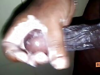 Hairy black guy jerk off using soap on his black dick as lubricant.