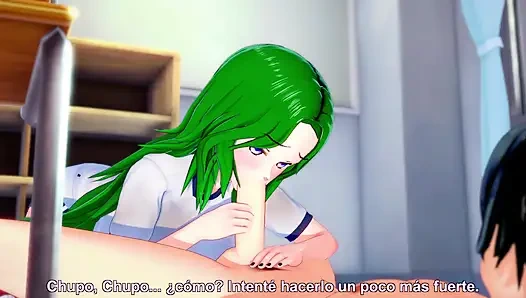 Büyük memeli yeşil saçlı kız öğrenci hentai dersinden sonra erkek arkadaşıyla seks yapıyor