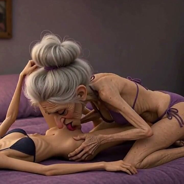 Extremely Skinny Old Woman Licks a Skinny Young Woman's Pussy