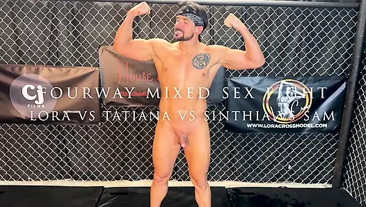 Секс-бой вчетвером, намазанная маслом, Смешанный секс-бой Lora Cross и Sinthia Bee и Сэм Стаут и хемаратрий Steele