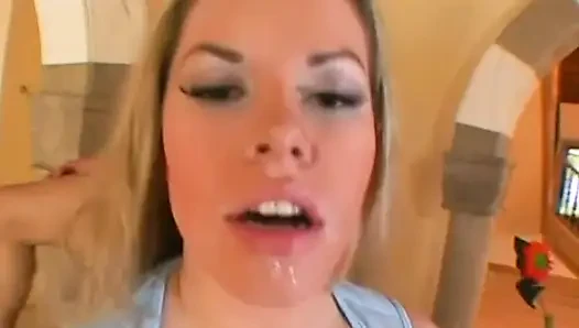 Nasty blonde slut takes two hard cocks