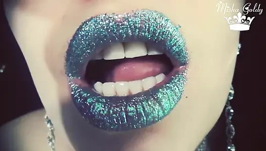 Blue glittery lips smelling & worship