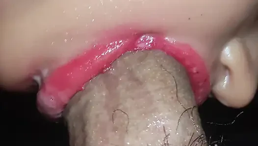 Epic blowjob and sloppy deepthroat with red lipstick until cum in mouth for 4 times
