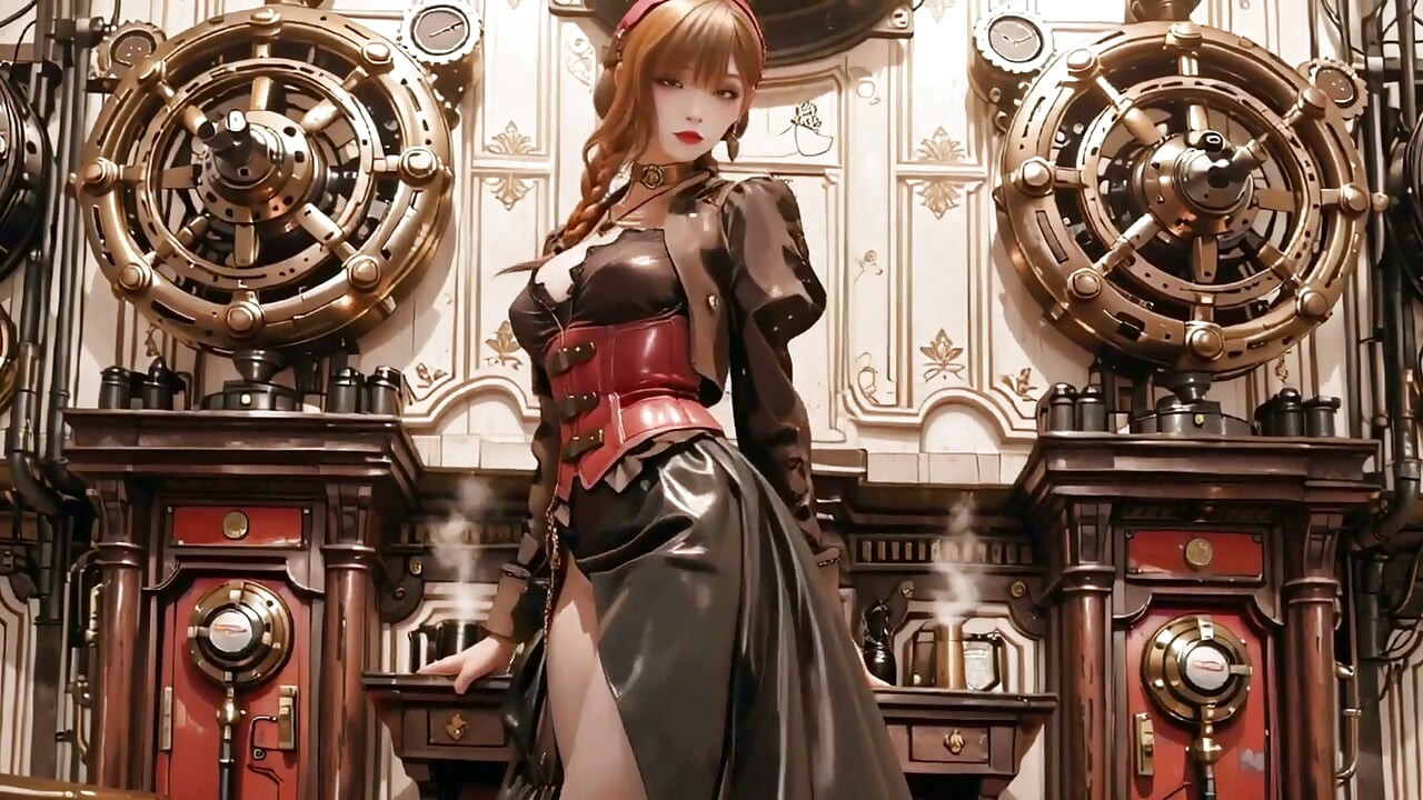 Steampunk Duchess! Red-haired Mechanical Girl Teasing in the Gear Hall.