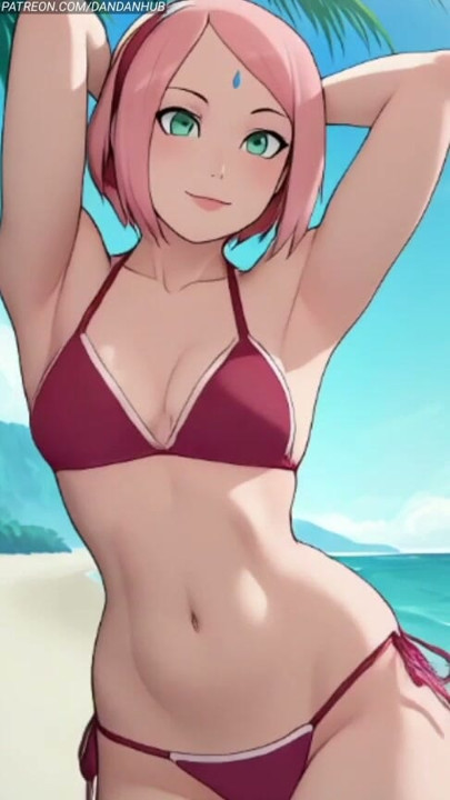 Sakura Haruno en bikini playa estirada