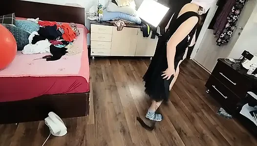 Amateur Woman Has Fun Trying on Clothes and Cutting Them.