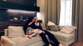 Megan Inky fucks an old man in his home on the couch