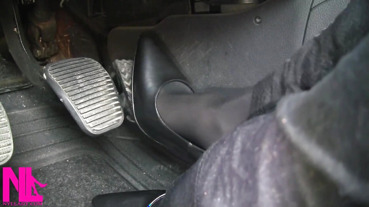 Revving and Driving in Black Pantyhose and Grey High Heels