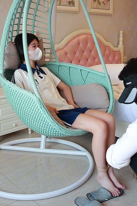 Barefoot College Student Girlfriend, Feet Suspended with Ropes, Hands Handcuffed