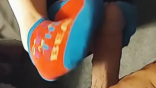 Hot Little Footjob - Pink & Blue Ankle Socks Sockjob - Cum On Socks