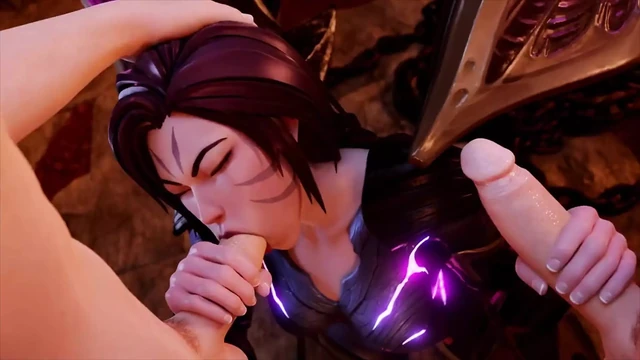 KDA Kaisa On Her Knees Sucking 2 Cocks