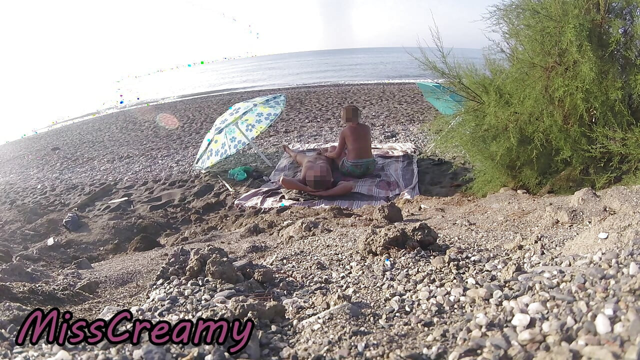 Exhibitionist Wife Outdoor Amateur MILF Blowjob & Handjob Big Cock on Nudity Beach in Front of Follower with Cum