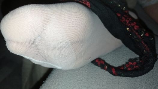 Stockings footjob and cum on pussy