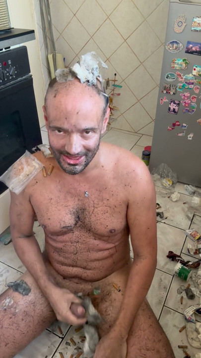 Filthy pig happy to jerk off in the mess | Clip 1