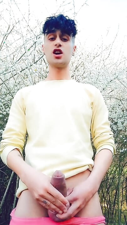 Spring Jerking Backyard - Fat Dick, 2 Cumshots and Own Cum Licking
