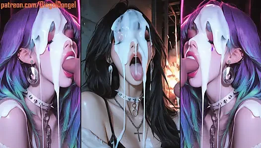 Anime-charaktere bekommen ihre gesichter gründlich mit sperma bedeckt.