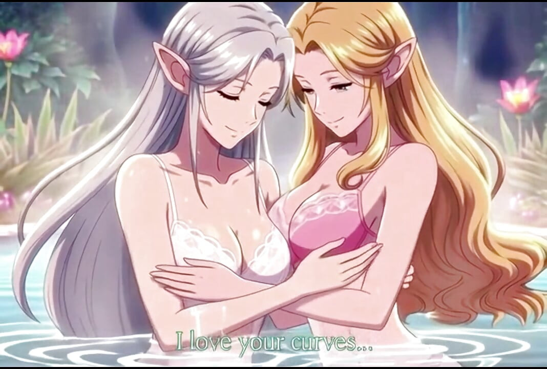 Two beautiful lesbian elves share an intimate night in a magical hot springs