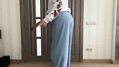 Palazzo wide leg flared blue jeans and white hoodie with roses print on tranny crossdresser femboy